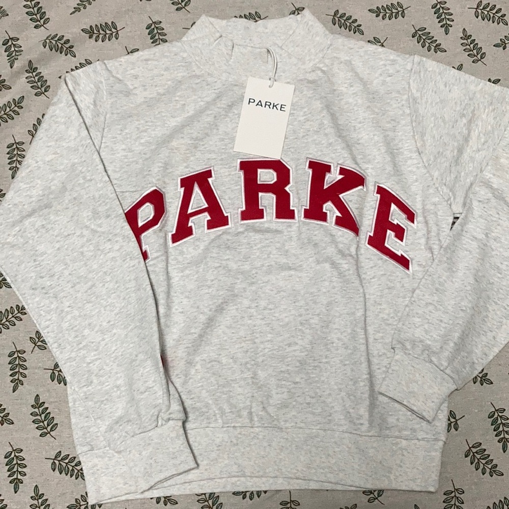 Parke Heather Gray Mock Neck Sweatershirt Red Varsity Embroidered Logo Pullover